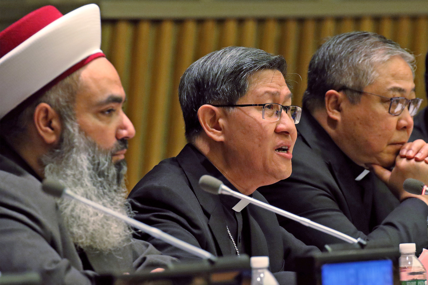 Cardinal Luis Antonio Tagle of Manila, Philippines, speaks during an interfaith conference on migrants and refugees at the U.N. headquarters in New York May 3. The event was co-hosted by the Permanent Mission of the Holy See to the U.N. and Caritas Internationalis.